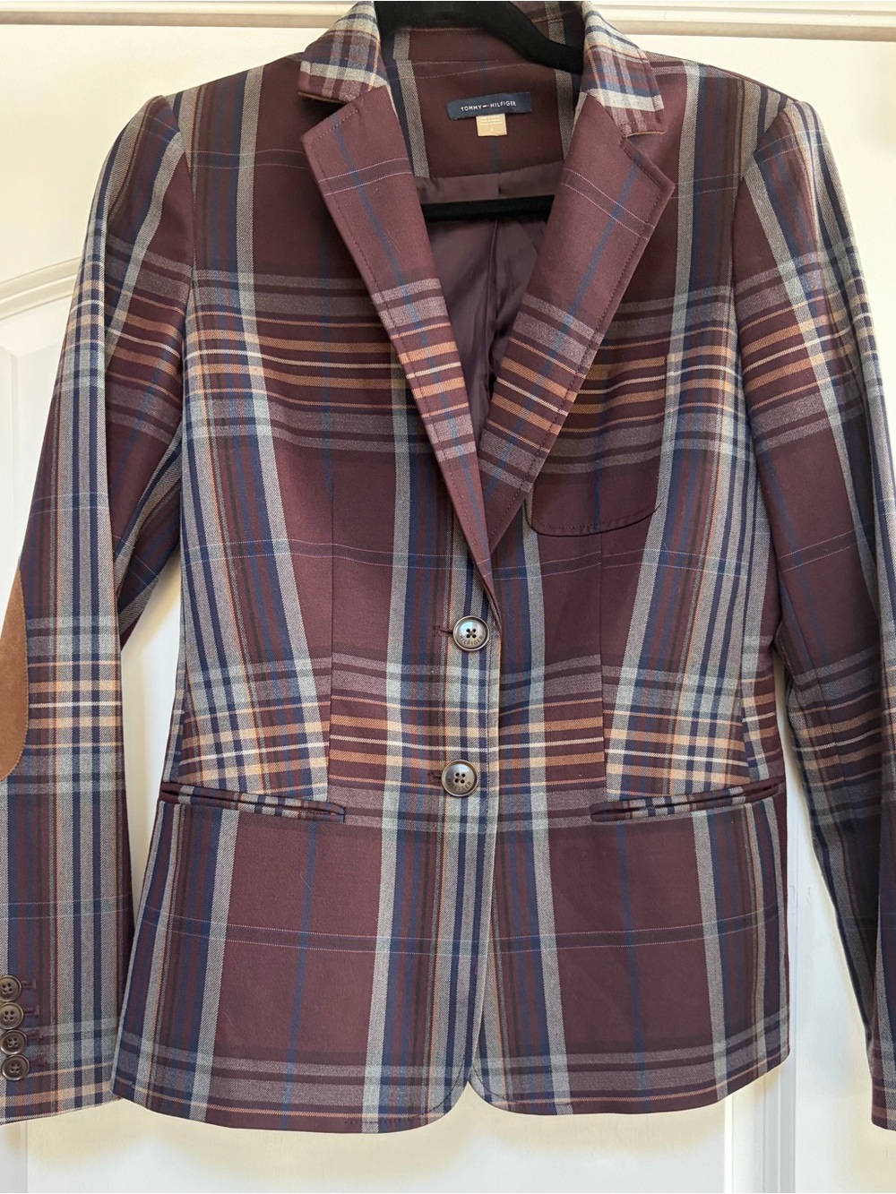 Tommy Hilfiger Women’s Classic Plaid Blazer Career Jacket Sz 4 Elbow Patch Chic